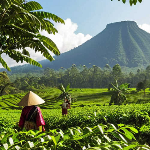 Home 20 **Image Prompt:** "Bolaven Plateau, Laos coffee farm. Lush green landscape with extinct volcanoes in the background. Coffee plants intermixed with shade trees. Local farmers harvesting coffee cherries, wearing traditional clothing. Warm, sunny lighting."