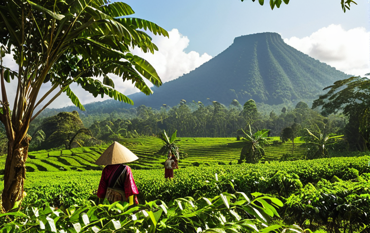 **Image Prompt:** "Bolaven Plateau, Laos coffee farm. Lush green landscape with extinct volcanoes in the background. Coffee plants intermixed with shade trees. Local farmers harvesting coffee cherries, wearing traditional clothing. Warm, sunny lighting."