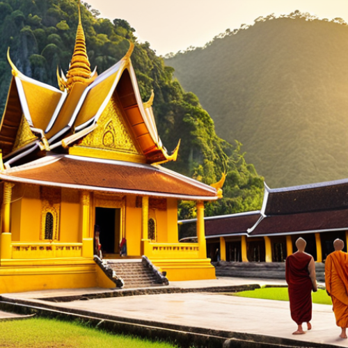 Home 19 **Golden Buddhist temple in Luang Prabang, Laos, at sunset. Monks in saffron robes are walking peacefully in the courtyard. Lush green mountains in the background. Soft, warm lighting. Intricate details on the temple architecture.**