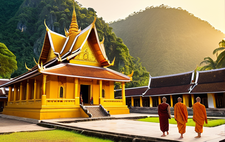 **Golden Buddhist temple in Luang Prabang, Laos, at sunset. Monks in saffron robes are walking peacefully in the courtyard. Lush green mountains in the background. Soft, warm lighting. Intricate details on the temple architecture.**