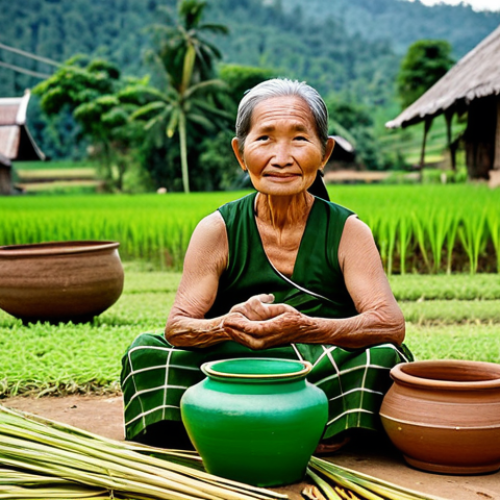 Home 18 A wise-looking elder Laotian woman, her face showing signs of experience and wisdom, wearing modest, traditional Laotian village attire, carefully tending to a small, rustic, traditional Lao-Lao rice liquor still in an outdoor village setting. Clay pots and woven baskets are neatly placed nearby, with lush green rice fields visible in the background under a soft, natural light. The scene authentically emphasizes an ancient, patient craft and cultural heritage, safe for work, appropriate content, fully clothed, family-friendly, perfect anatomy, correct proportions, natural pose, well-formed hands, proper finger count, natural body proportions, professional photography, authentic detail, high quality, vibrant colors.