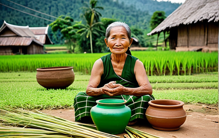 A wise-looking elder Laotian woman, her face showing signs of experience and wisdom, wearing modest, traditional Laotian village attire, carefully tending to a small, rustic, traditional Lao-Lao rice liquor still in an outdoor village setting. Clay pots and woven baskets are neatly placed nearby, with lush green rice fields visible in the background under a soft, natural light. The scene authentically emphasizes an ancient, patient craft and cultural heritage, safe for work, appropriate content, fully clothed, family-friendly, perfect anatomy, correct proportions, natural pose, well-formed hands, proper finger count, natural body proportions, professional photography, authentic detail, high quality, vibrant colors.