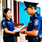 **

A tourist, fully clothed in modest travel attire, reporting a theft to a police officer at a local police station in Vientiane, Laos. The officer is in uniform and taking notes. Background includes a simple police station interior. Safe for work, appropriate content, professional, perfect anatomy, natural proportions, high quality.

**