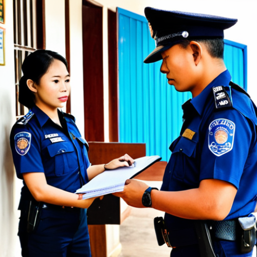 Home 9 **
A tourist, fully clothed in modest travel attire, reporting a theft to a police officer at a local police station in Vientiane, Laos. The officer is in uniform and taking notes. Background includes a simple police station interior. Safe for work, appropriate content, professional, perfect anatomy, natural proportions, high quality.
**