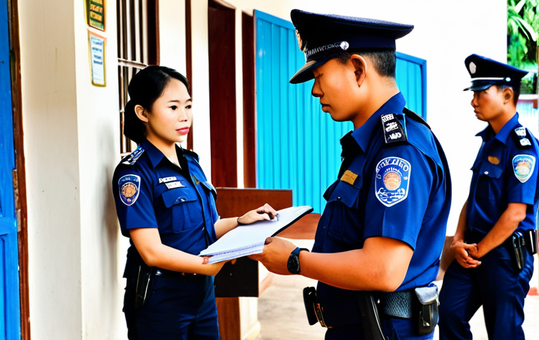 **

A tourist, fully clothed in modest travel attire, reporting a theft to a police officer at a local police station in Vientiane, Laos. The officer is in uniform and taking notes. Background includes a simple police station interior. Safe for work, appropriate content, professional, perfect anatomy, natural proportions, high quality.

**