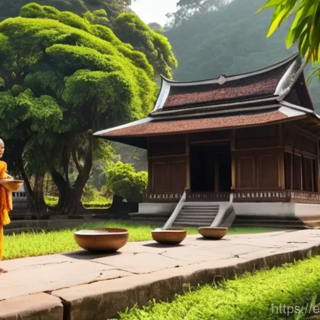 라오스 불교와 라마교 - **A Serene Morning in Luang Prabang:** An outdoor scene depicting a gentle sunrise in a Southeast As...