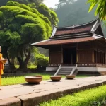 라오스 불교와 라마교 - **A Serene Morning in Luang Prabang:** An outdoor scene depicting a gentle sunrise in a Southeast As...