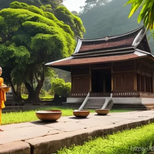 라오스 불교와 라마교 - **A Serene Morning in Luang Prabang:** An outdoor scene depicting a gentle sunrise in a Southeast As...