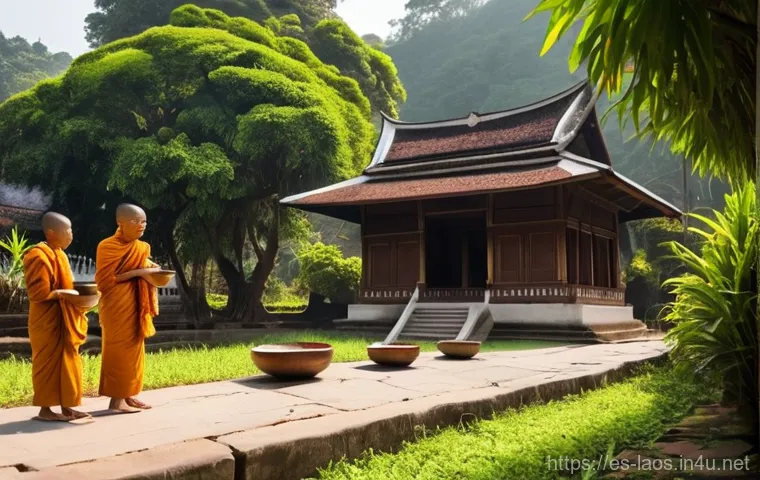 라오스 불교와 라마교 - **A Serene Morning in Luang Prabang:** An outdoor scene depicting a gentle sunrise in a Southeast As...