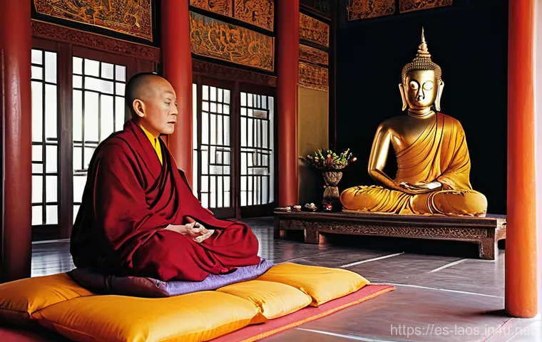 라오스 불교와 라마교 - **Mystical Ritual in a Himalayan Monastery:** An interior scene within a vibrant Tibetan Buddhist mo...
