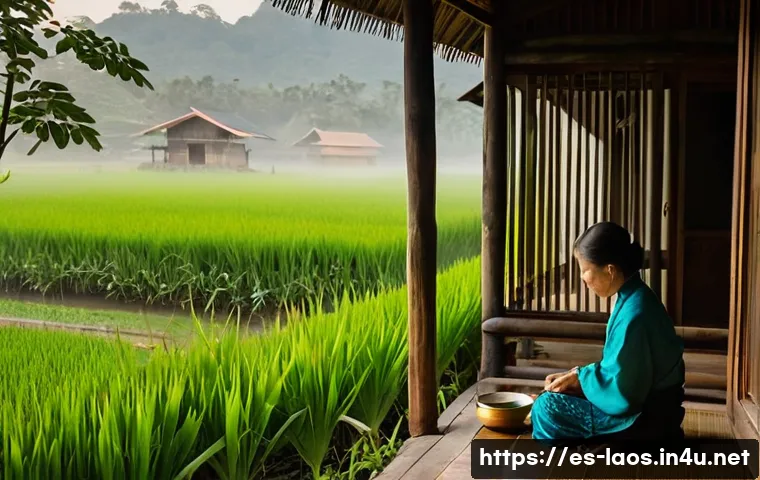 라오스 소박한 마을 생활 - **Prompt 1: Serene Laotian Morning Ritual**
    "A peaceful scene of a Laotian village at dawn. The ...