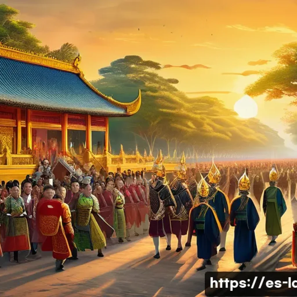 라오스 란쌍 왕국 역사 - **Fa Ngum's Royal Procession and the Founding of Lan Xang**
    "A grand historical illustration dep...