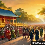 라오스 란쌍 왕국 역사 - **Fa Ngum's Royal Procession and the Founding of Lan Xang**
    "A grand historical illustration dep...