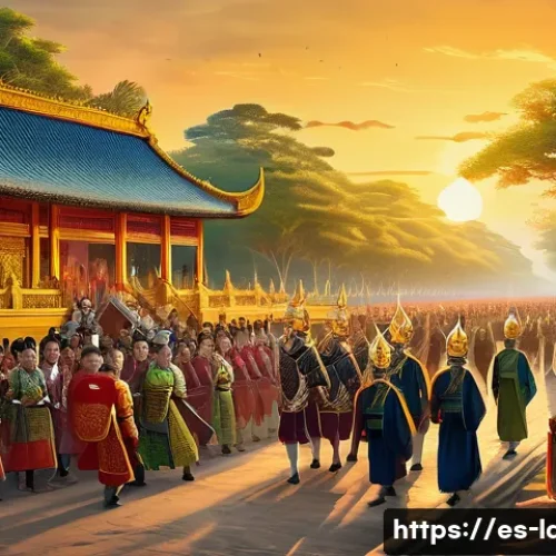 라오스 란쌍 왕국 역사 - **Fa Ngum's Royal Procession and the Founding of Lan Xang**
    "A grand historical illustration dep...