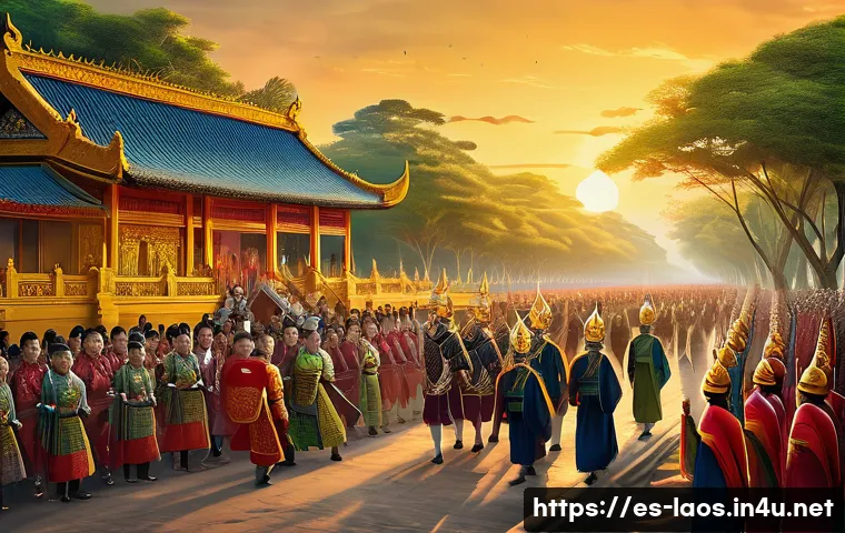 라오스 란쌍 왕국 역사 - **Fa Ngum's Royal Procession and the Founding of Lan Xang**
    "A grand historical illustration dep...