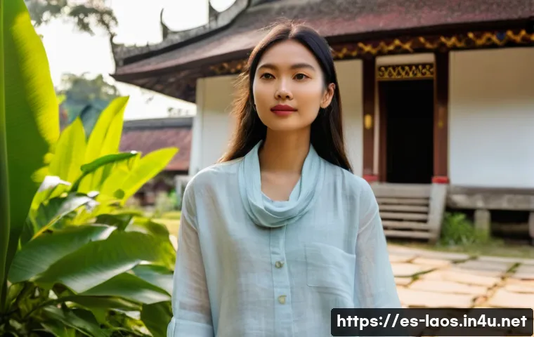 라오스 계절별 의상 추천 - **Prompt:** A young female traveler (20s-30s, Asian or Western) is gracefully walking through the se...
