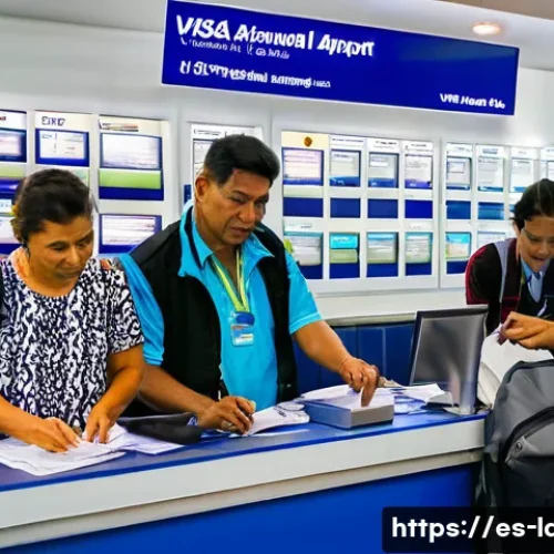 라오스 입국 심사 - A detailed and vibrant scene at the Laos international airport visa on arrival counter, showing dive...