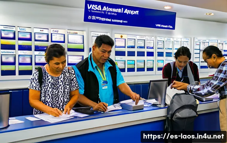 라오스 입국 심사 - A detailed and vibrant scene at the Laos international airport visa on arrival counter, showing dive...