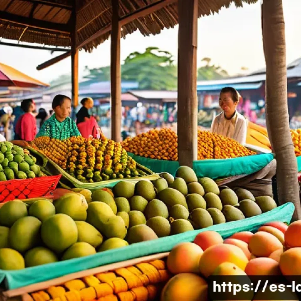 라오스 현지 시장 탐방 - A vibrant traditional Lao market scene at dawn, showcasing colorful tropical fruits like mangoes, pa...