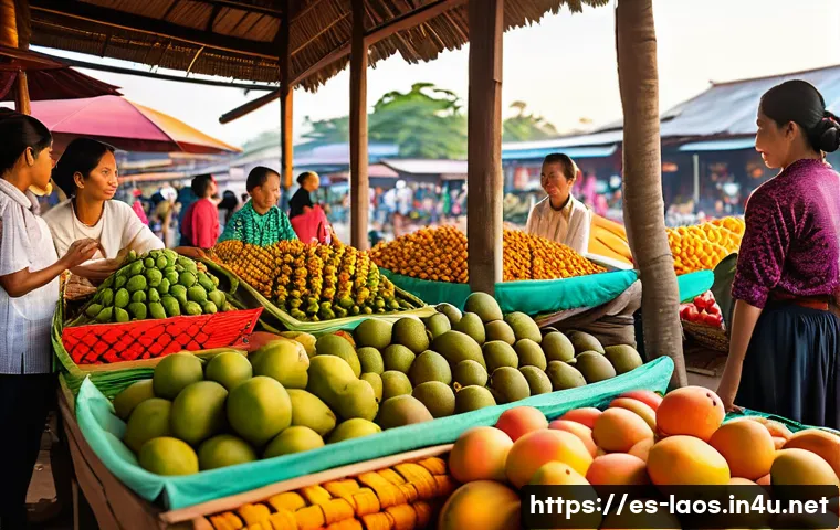 라오스 현지 시장 탐방 - A vibrant traditional Lao market scene at dawn, showcasing colorful tropical fruits like mangoes, pa...
