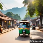 Home 21 라오스 대중 교통 이용법 - A vibrant street scene in Luang Prabang, Laos, featuring colorful tuk-tuks with friendly local drive...