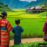 Home 20 라오스 공용어와 방언 - A vibrant traditional Lao village scene set in a lush mountainous region, featuring a diverse group ...