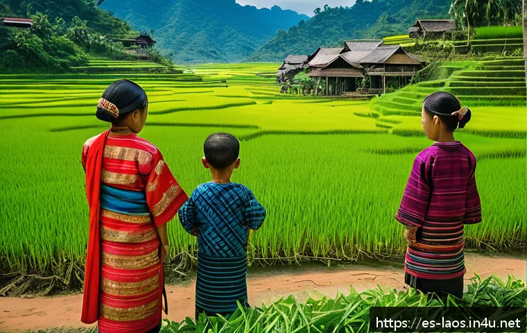 라오스 공용어와 방언 - A vibrant traditional Lao village scene set in a lush mountainous region, featuring a diverse group ...