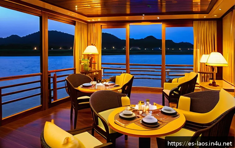 라오스 메콩강 크루즈 비교 - A luxurious Mekong River cruise ship at sunset, featuring spacious cabins with private balconies ado...