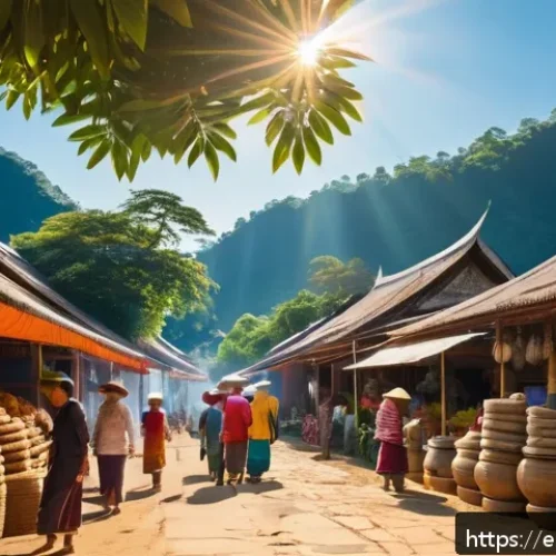 Home 30 라오스 기후와 여행 시기 - A vibrant dry season scene in Laos featuring a local market in Luang Prabang under clear blue skies....