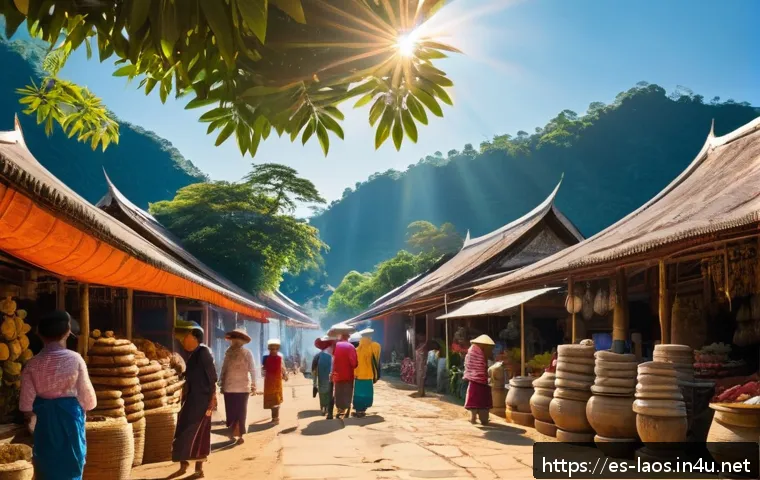 라오스 기후와 여행 시기 - A vibrant dry season scene in Laos featuring a local market in Luang Prabang under clear blue skies....
