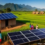 Home 23 라오스와 국제 원조 - A vibrant rural Laotian village scene at sunset, featuring families gathered around newly installed ...