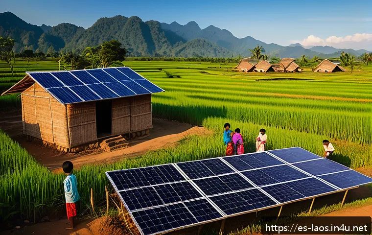 라오스와 국제 원조 - A vibrant rural Laotian village scene at sunset, featuring families gathered around newly installed ...