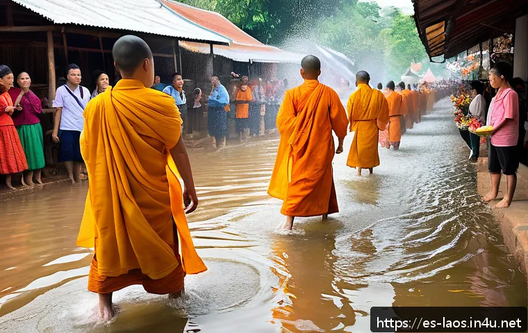 라오스 전통 의례 - A vibrant scene of the Bun Pi Mai Water Festival in Laos during the Lao New Year in April: joyful cr...