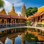 Home 23 라오스 불교 사원 - A traditional Laotian Buddhist temple (wat) with intricate multi-tiered curved roofs adorned with go...