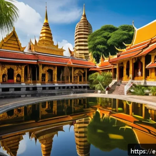 Home 17 라오스 불교 사원 - A traditional Laotian Buddhist temple (wat) with intricate multi-tiered curved roofs adorned with go...
