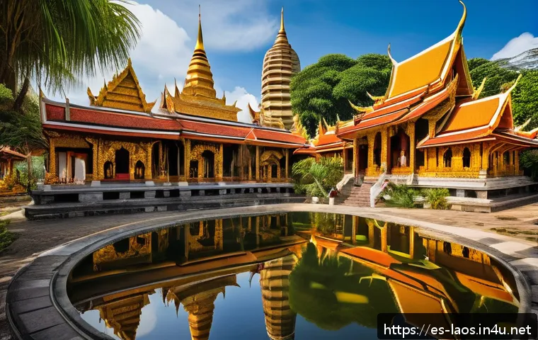 라오스 불교 사원 - A traditional Laotian Buddhist temple (wat) with intricate multi-tiered curved roofs adorned with go...