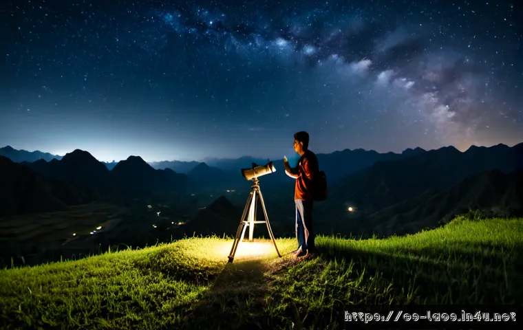 Home 17 라오스에서의 별 관찰 - Photorealistic night landscape in rural Laos, a Spanish-speaking couple in modest outdoor clothing s...