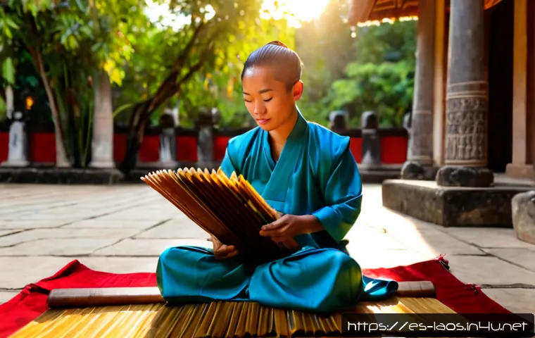 라오스 전통 음악 - Photorealistic Lao traditional music performance in a serene temple courtyard at golden hour, a skil...