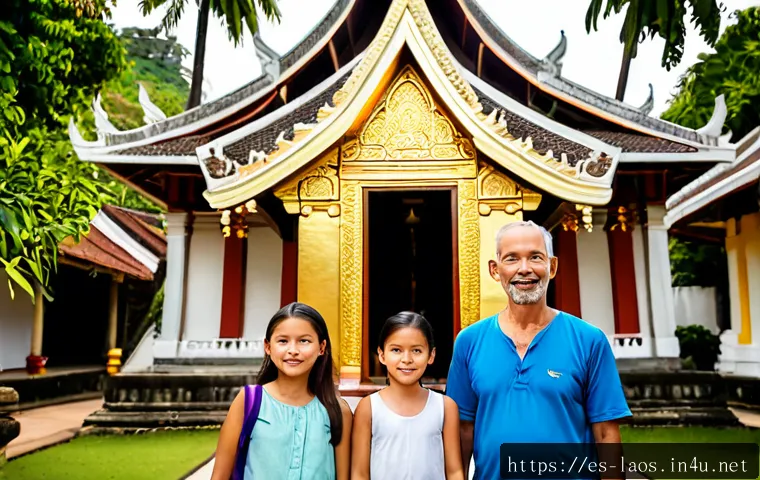 라오스에서의 가족 여행 - Photorealistic multigenerational Spanish-speaking family exploring the golden temples of Luang Praba...