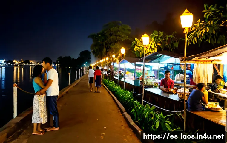 Home 17 라오스 비엔티안의 밤 - Photorealistic nighttime riverside scene in Vientiane, Laos, viewed from the Mekong promenade: warm ...